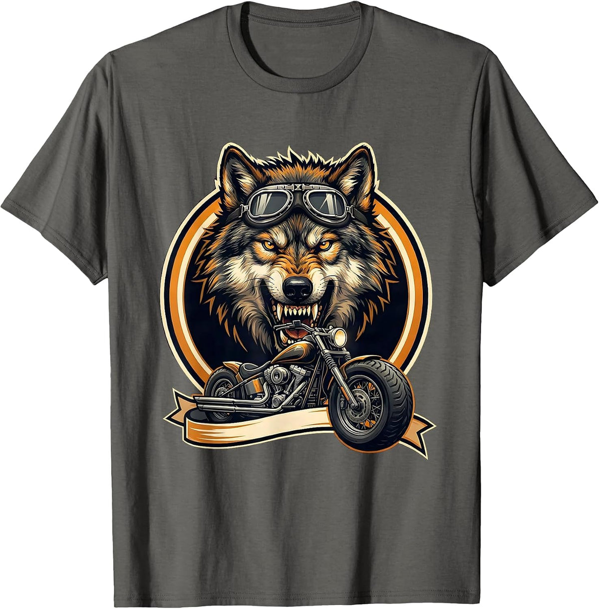 Men's Wolf Aviator Biker Graphic Tee Motorcycle Design T-Shirt - Asphalt Grey