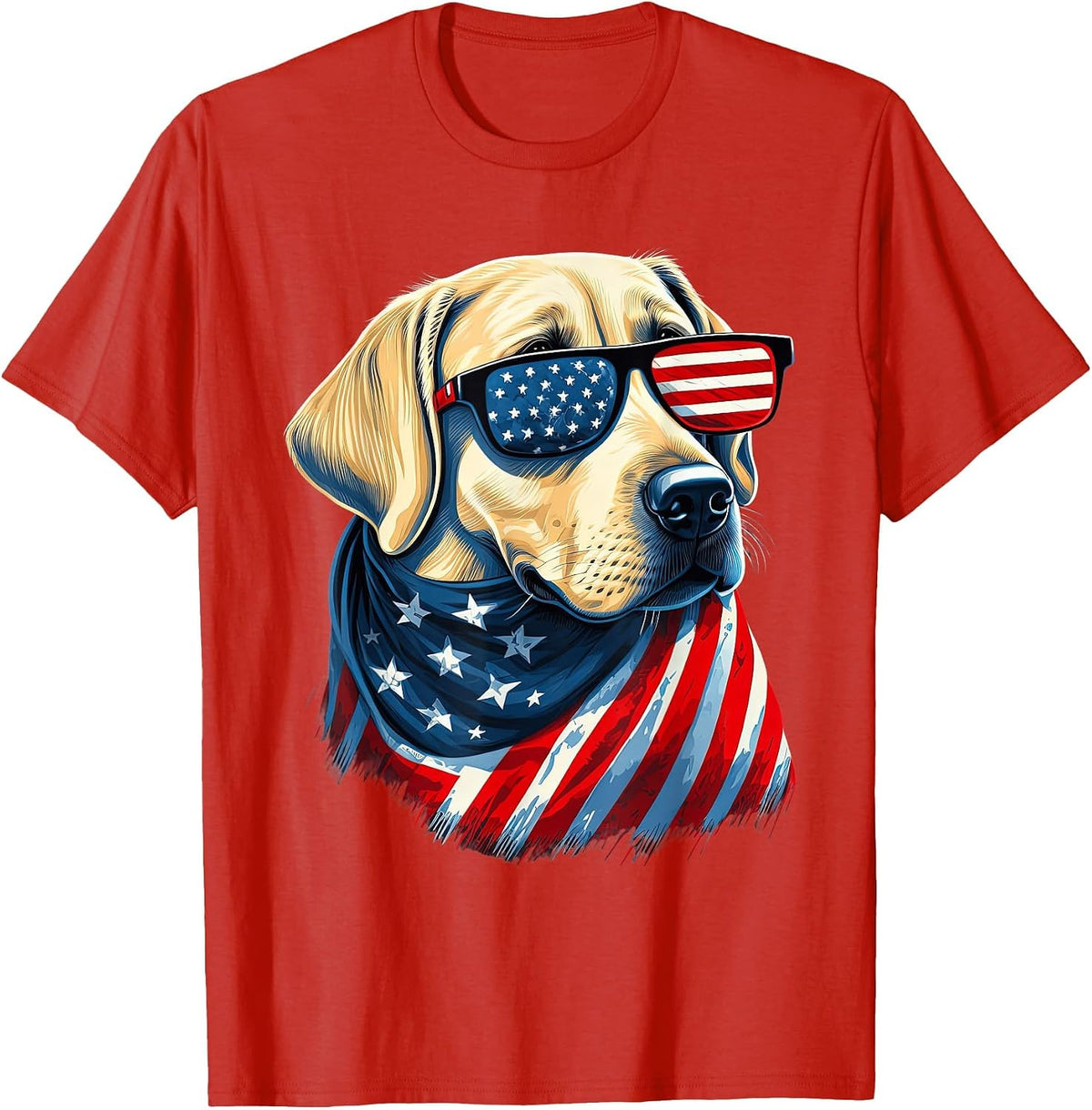 Yellow Labrador with American Flag Patriotic USA T-Shirt - Red