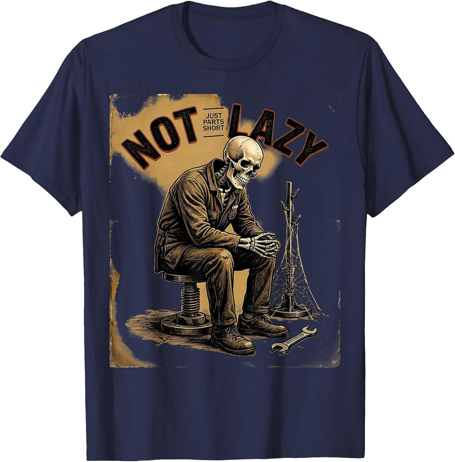 Not Lazy Just Parts Short Vintage Mechanic Skeleton Auto T-Shirt - Navy Blue