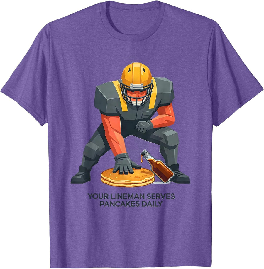 Men's Your Lineman Serves Pancakes Daily Funny Breakfast Food T-Shirt - Purple Heather