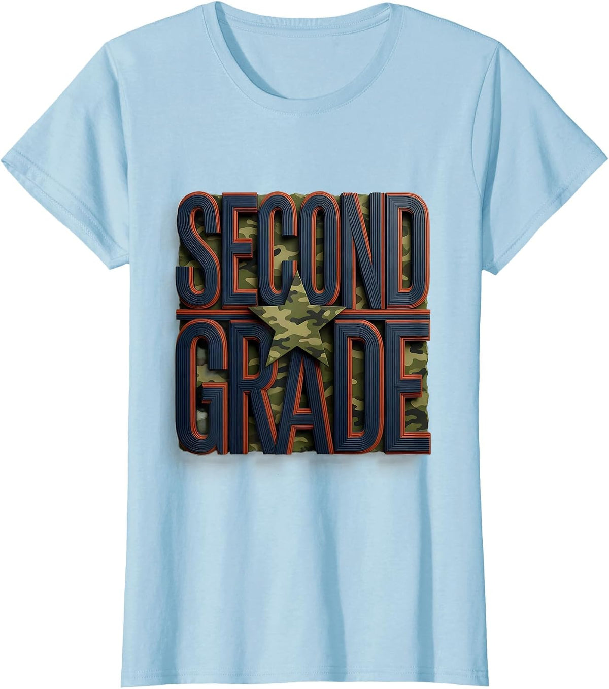 Women's Second Grade Wood Type Letterpress Patriotic Camo Back T-Shirt - Baby Blue
