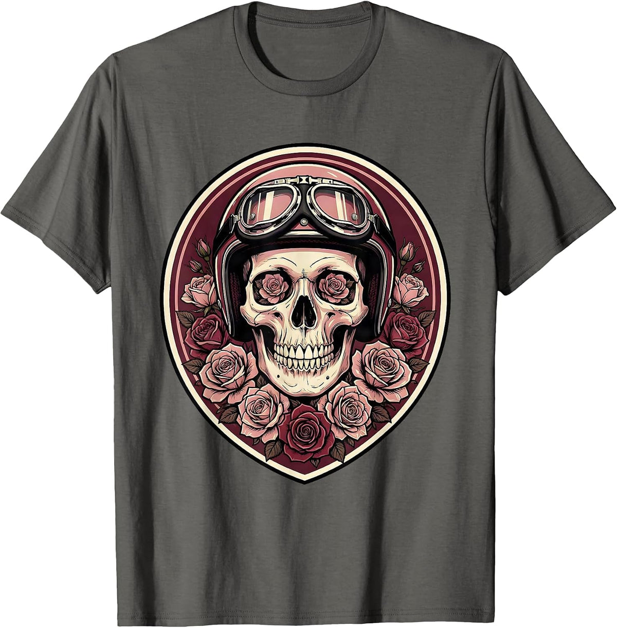 Feminine Skull Vintage Motorcycle Helmet Graphic T-Shirt - Asphalt Grey