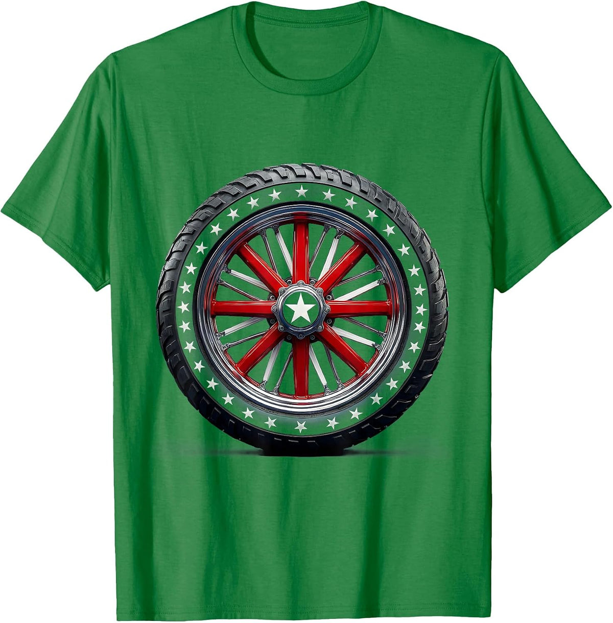 Men's American Flag Motorcycle Wheel Patriotic Design T-Shirt - Kelly Green