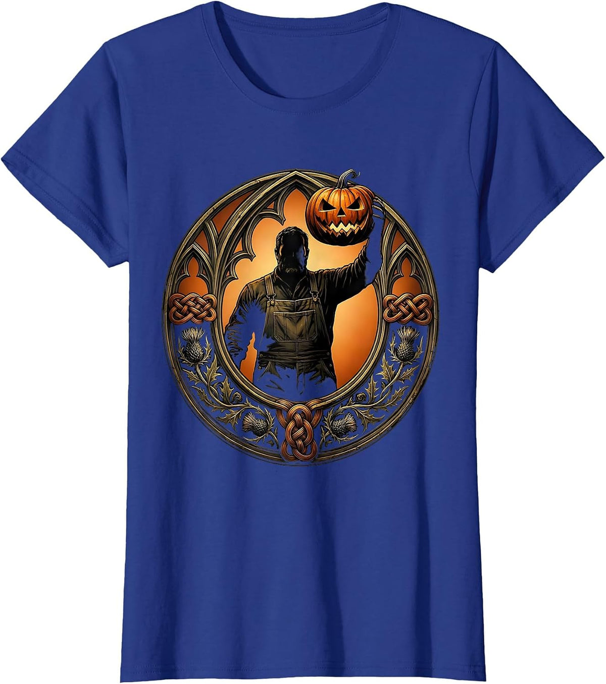 Women's Pumpkin Farmer Carved Lantern Halloween Graphic T-Shirt - Royal Blue
