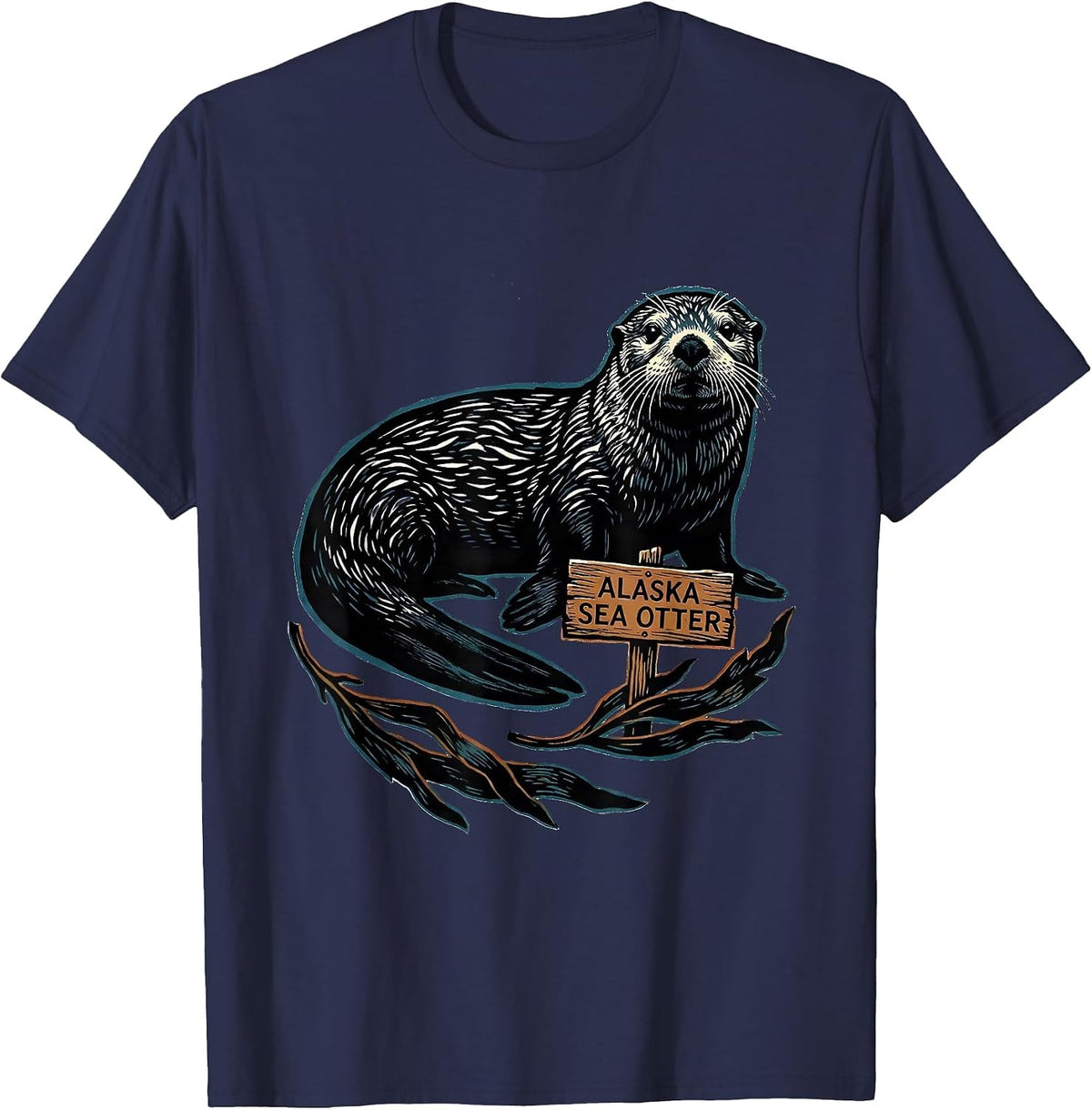 Men's Alaska Sea Otter Linocut Vintage State Pride Wildlife T-Shirt - Navy Blue