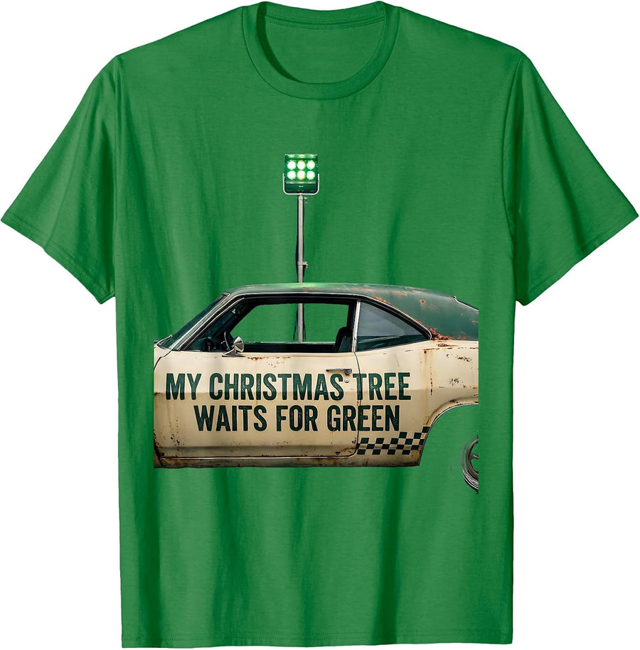 Men's My Christmas Tree Waits For Green Vintage Muscle Car Drag T-Shirt - Kelly Green