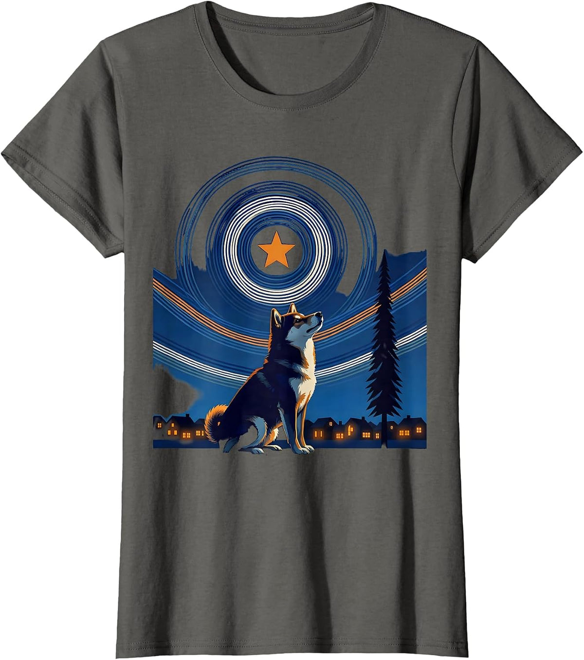 Women's Night Silhouette Shiba Inu Van Gogh Starry Night Art T-Shirt - Asphalt Grey
