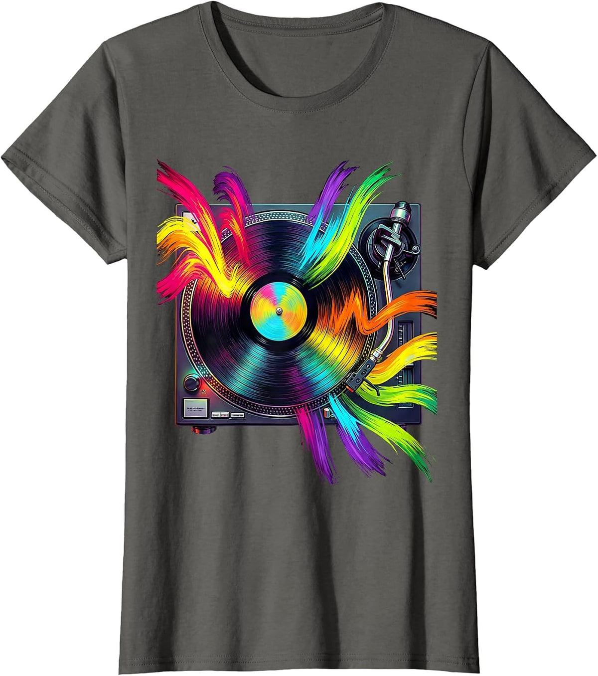 Women's Retro Turntable Exploding Sound Waves Disco T-Shirt - Asphalt Grey