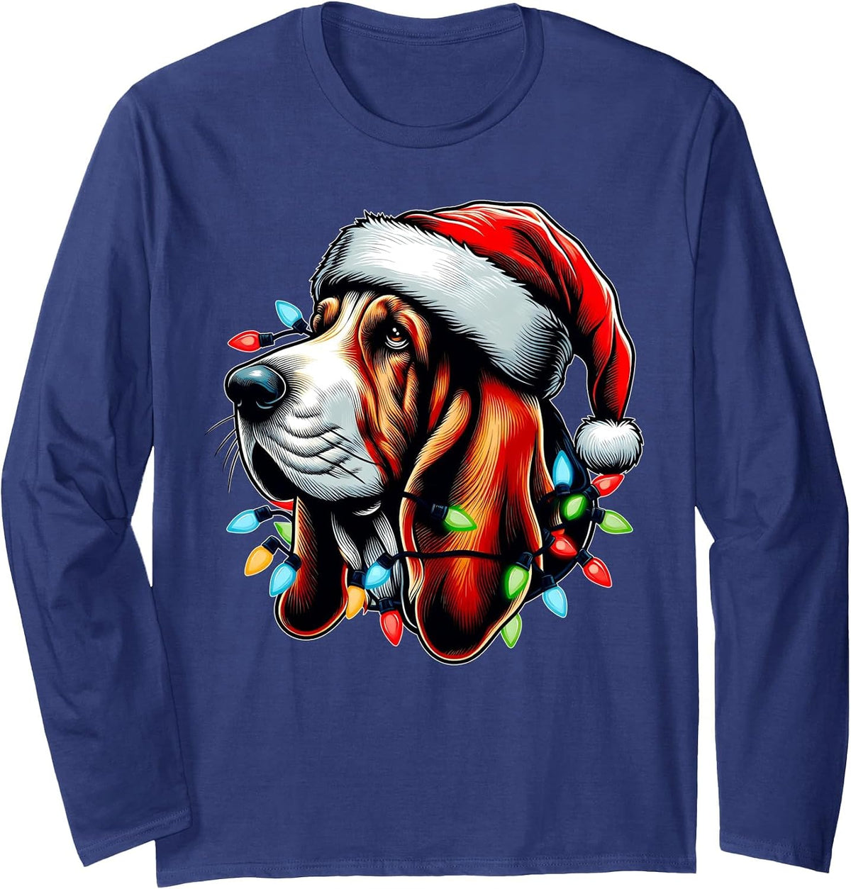 Basset Hound Dog Christmas Hat Xmas Long Sleeve T-Shirt - Adult Unisex Navy Blue