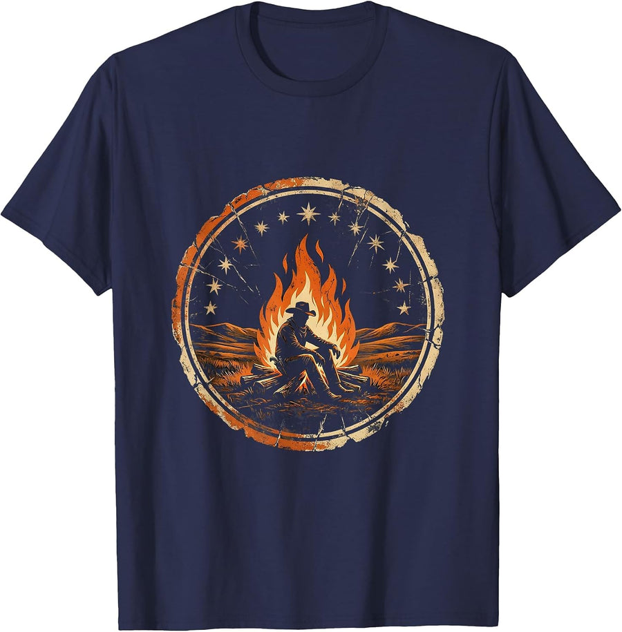 Cowboy Campfire Starry Night Sky Graphic Tee T-Shirt - Navy Blue