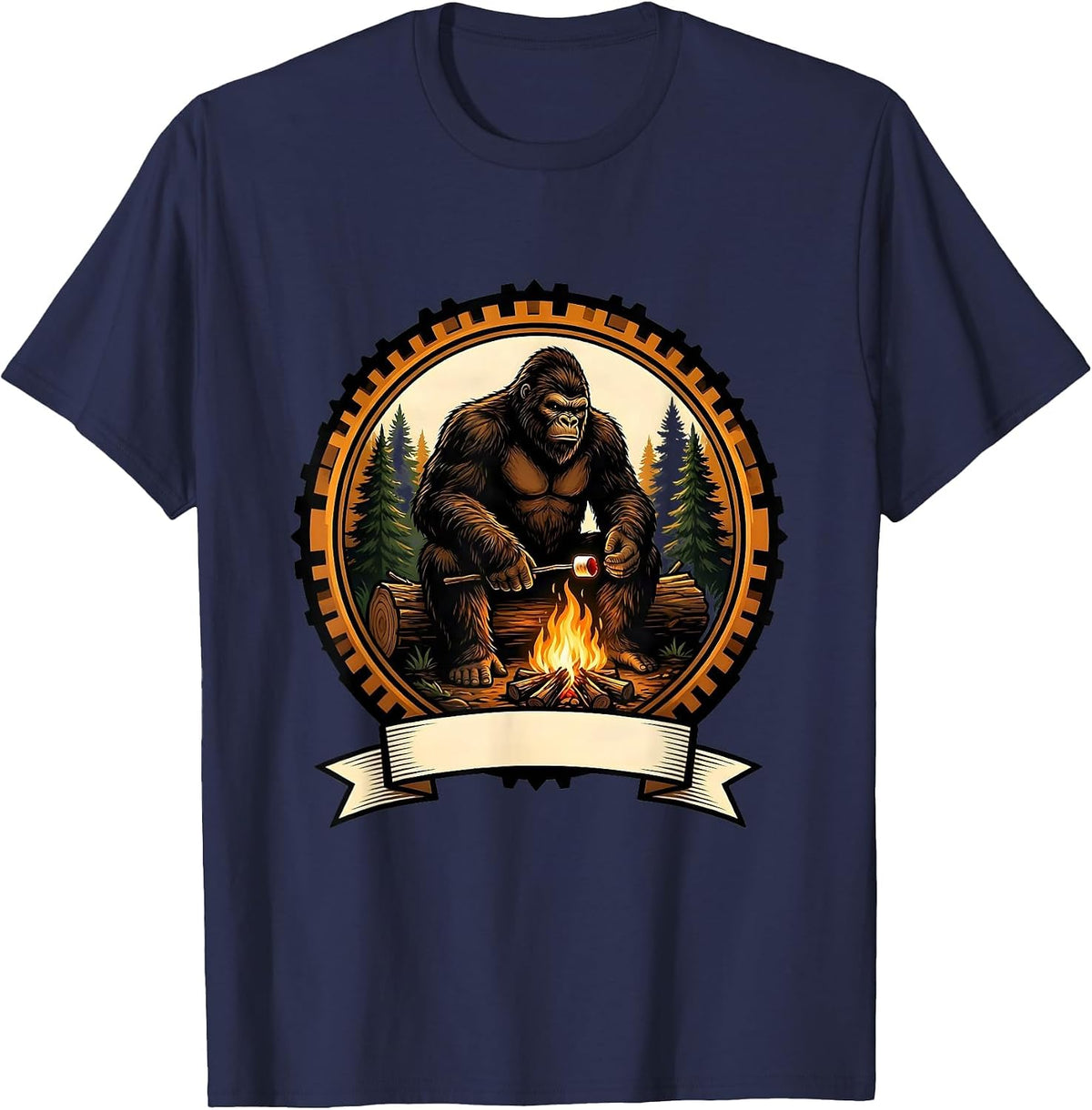 Sasquatch Roasting Marshmallow Campfire Design T-Shirt - Navy Blue