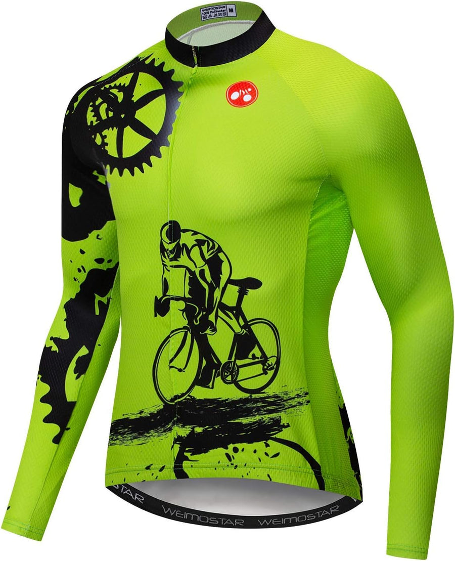 Cycling Jersey Long Sleeve Men Bike Top Pockets Cycle Shirt Road Bicycle Clothing - Black Green