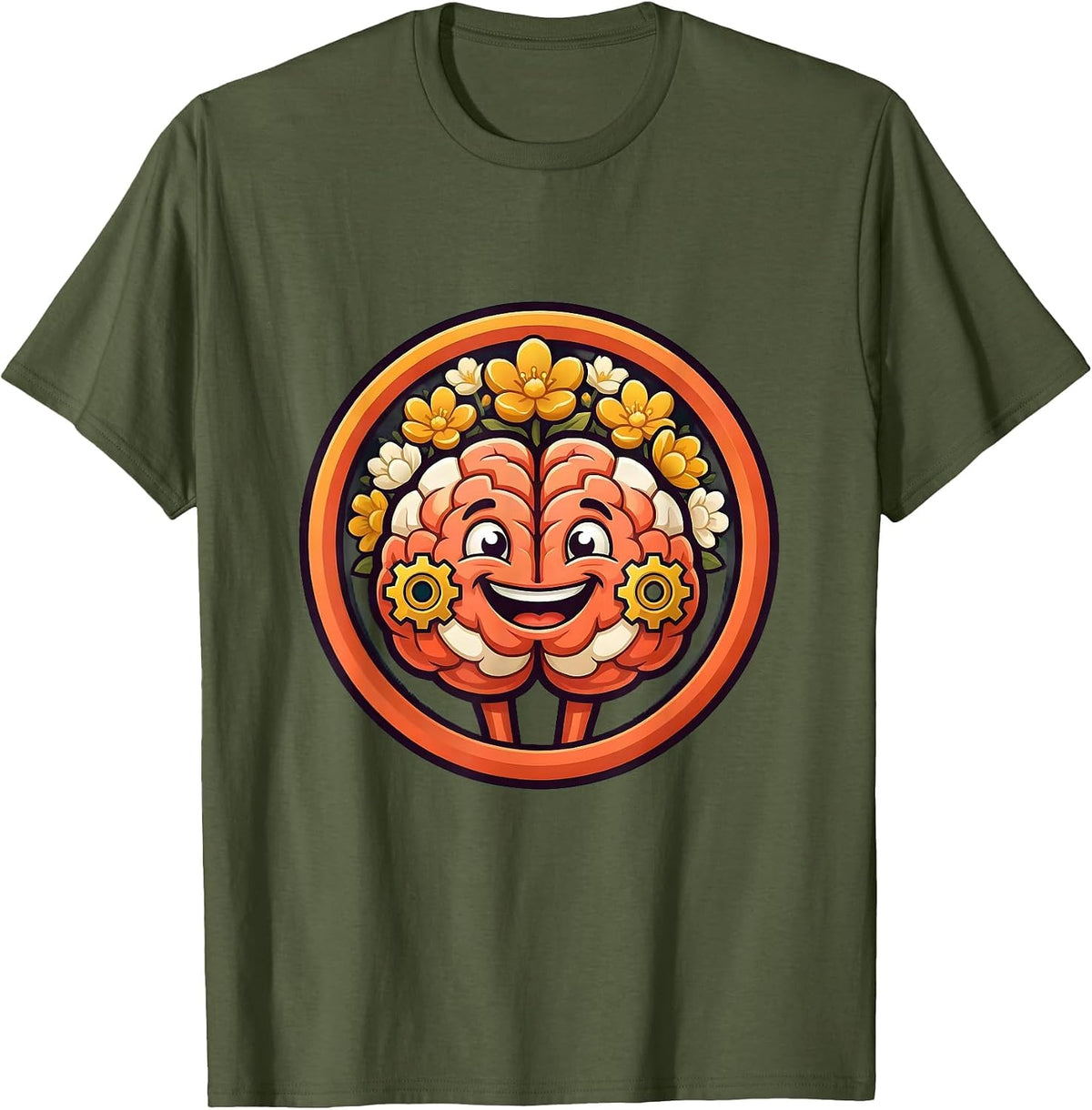 Men's School Counselor Brain Gears and Flowers Graphic T-Shirt - Olive Green