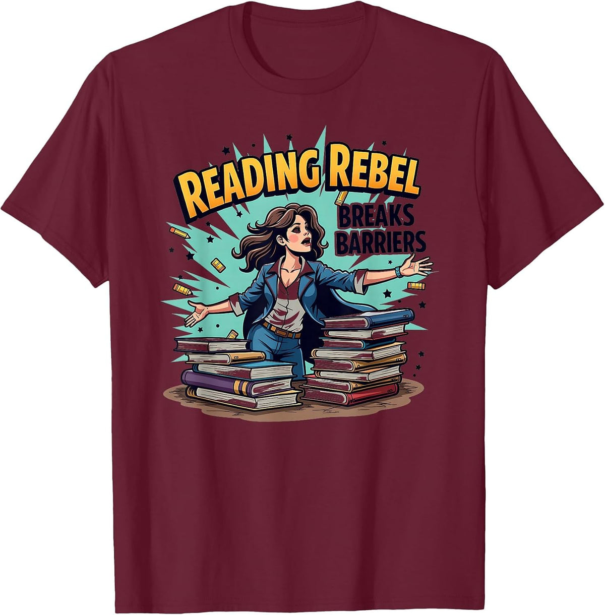 Reading Rebel Breaks Barriers Teacher Design T-Shirt - Burgundy