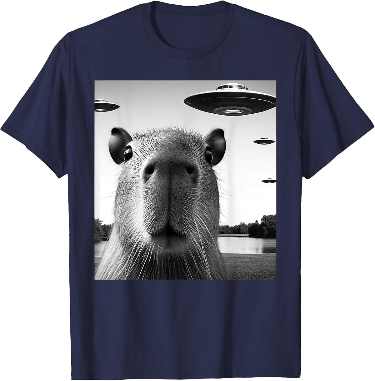 Funny Capybara Selfie with UFOs Weird Graphic T-Shirt - Navy Blue
