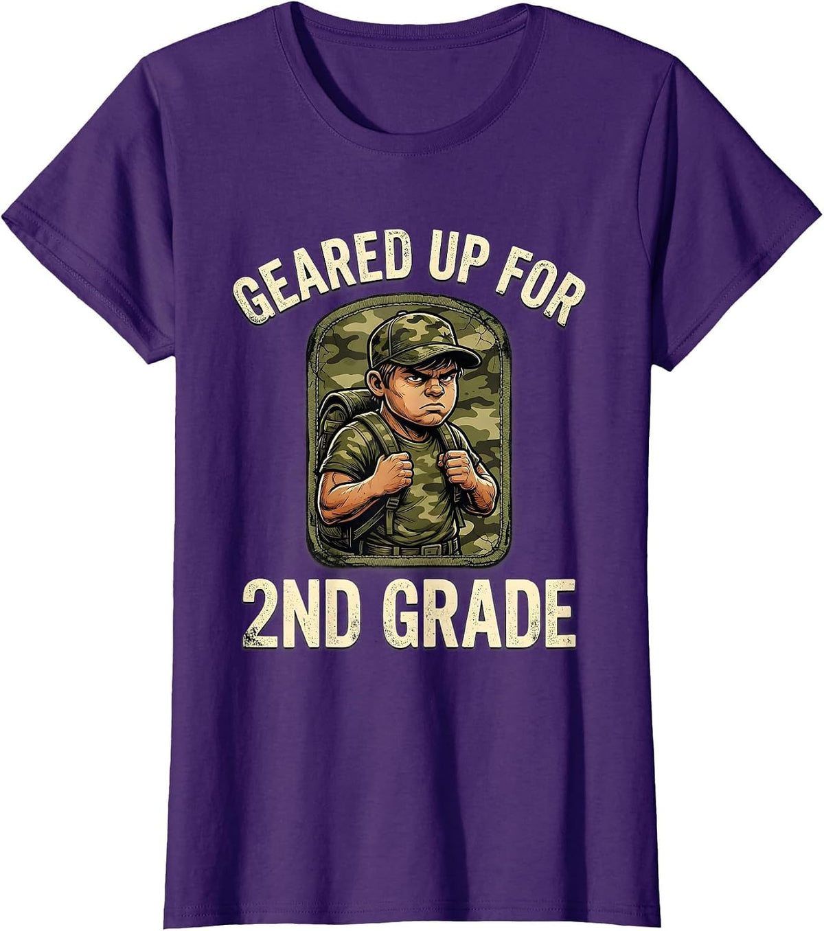 Women's Geared Up For 2nd Grade Distressed Camo Back To School Boy T-Shirt - Purple