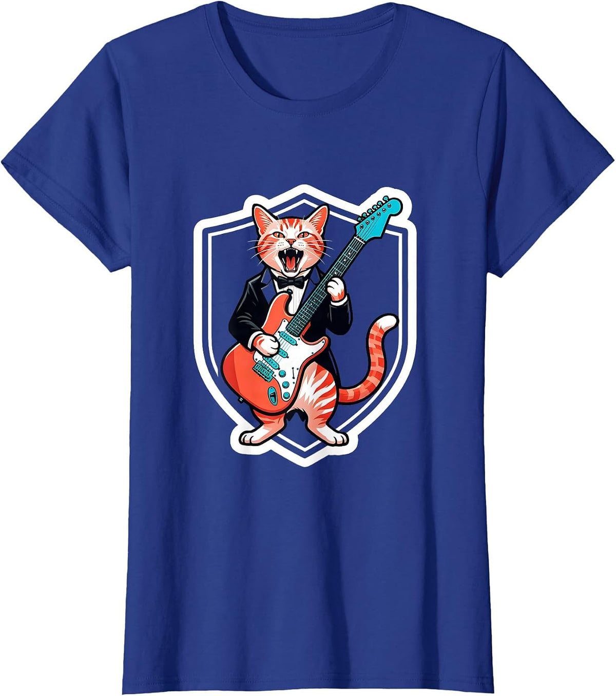 Women's Rock Guitarist Cat Sticker Style Funny Cat Lover Gift T-Shirt - Royal Blue