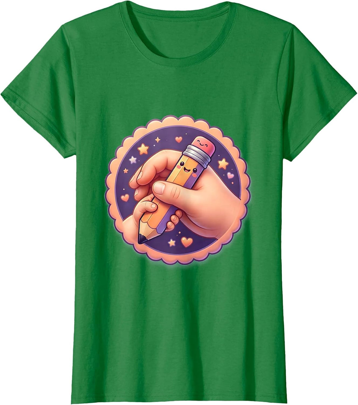 Women's Sped Teacher Hands Guiding Pencil Grip Illustration T-Shirt - Kelly Green
