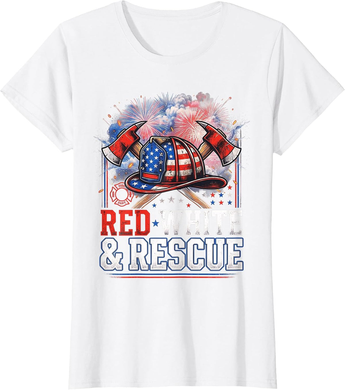 White Red Rescue 4th of July Patriotic Firefighter USA Flag T-Shirt - White