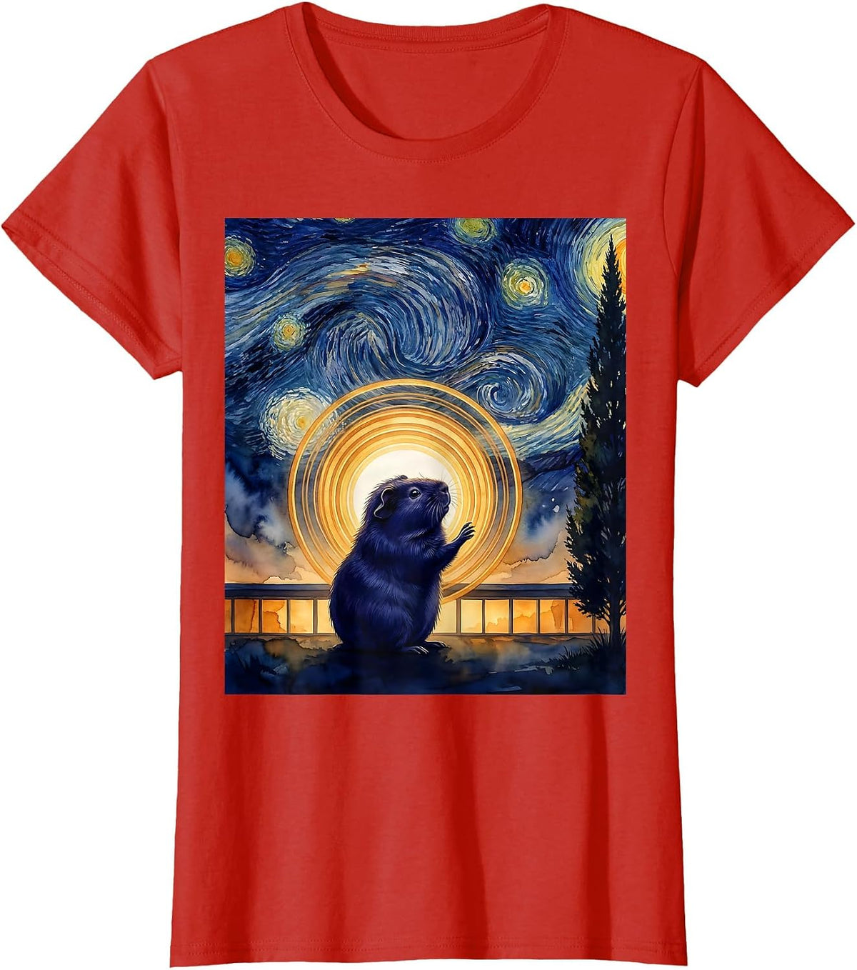 Guinea Pig Starry Night Van Gogh Art Lover Gift T-Shirt - Red