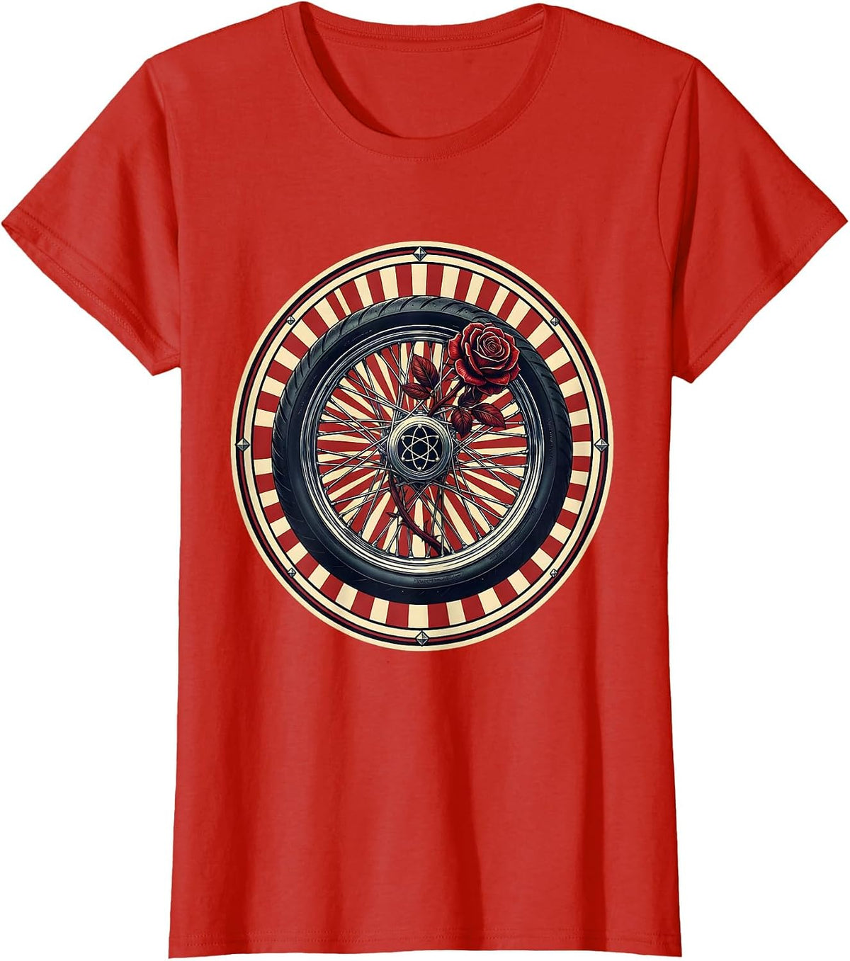 Motorcycle Wheel Rose Spokes Graphic Design T-Shirt - Red