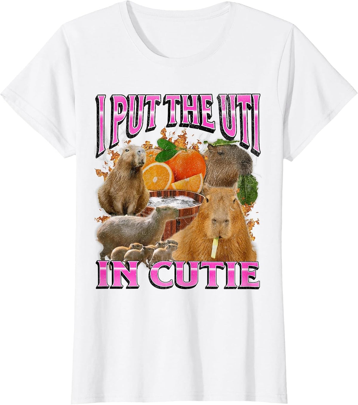 Put The UTI in Cutie Funny Capybara Meme Bootleg Y2K Graphic T-Shirt - White