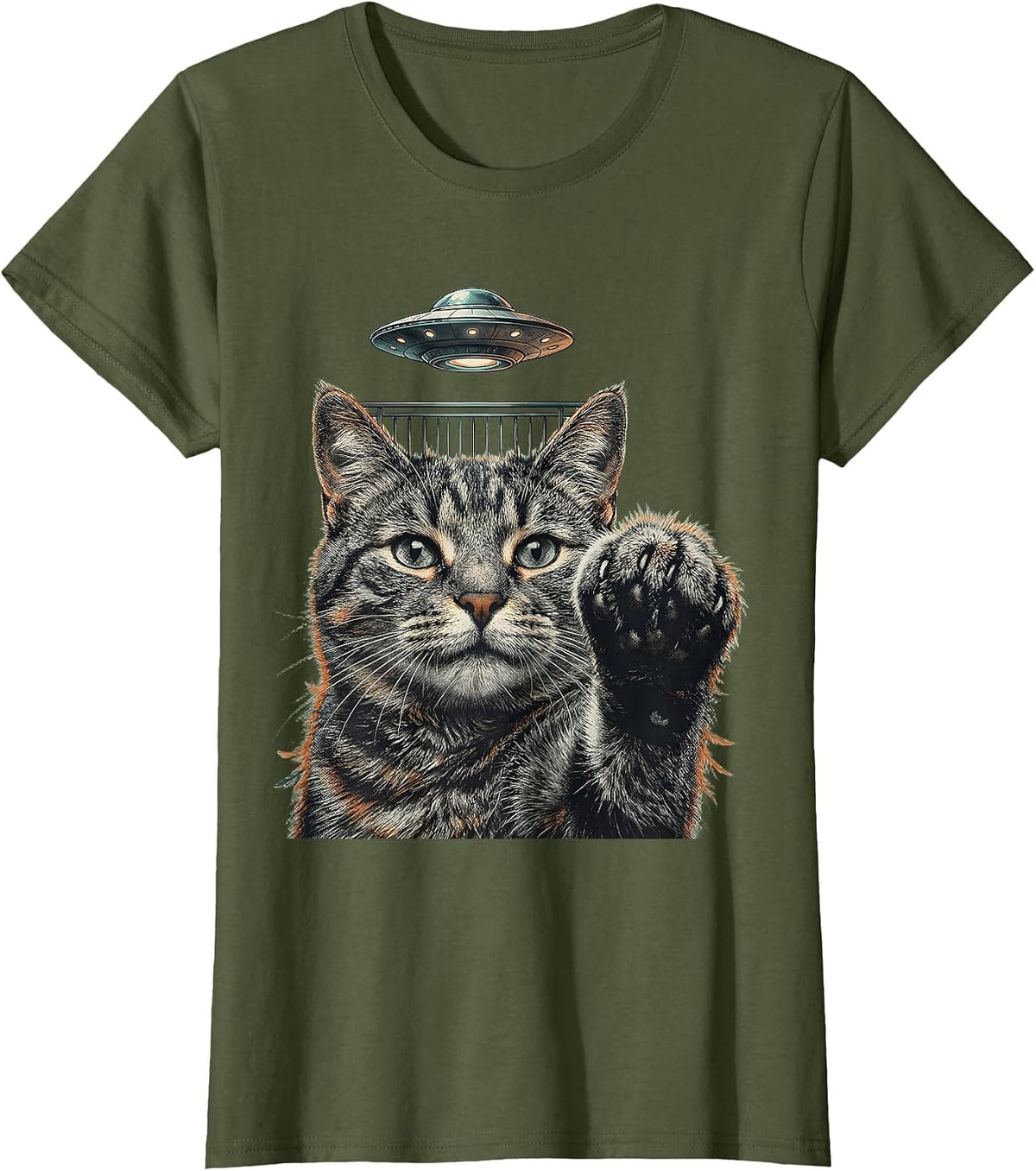 Women's Cat UFO Alien Selfie Funny Cat Owner Meme Gift T-Shirt - Olive Green