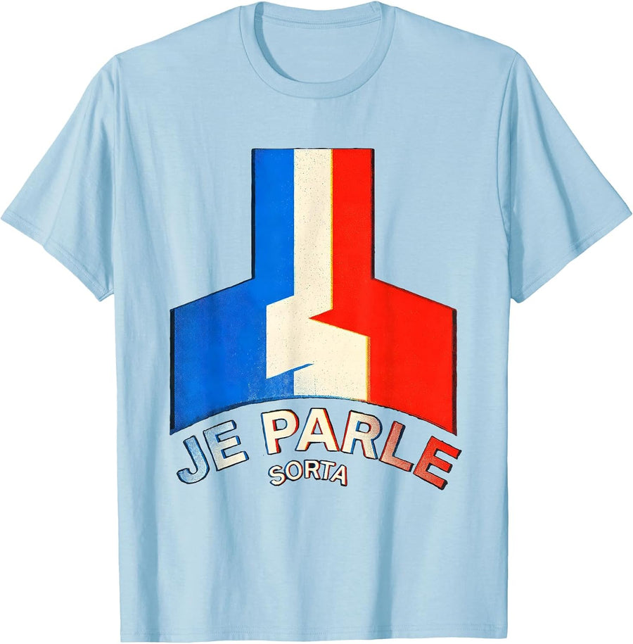 Men's Je Parle, Sorta Risograph Francophile French Flag Humor T-Shirt - Baby Blue