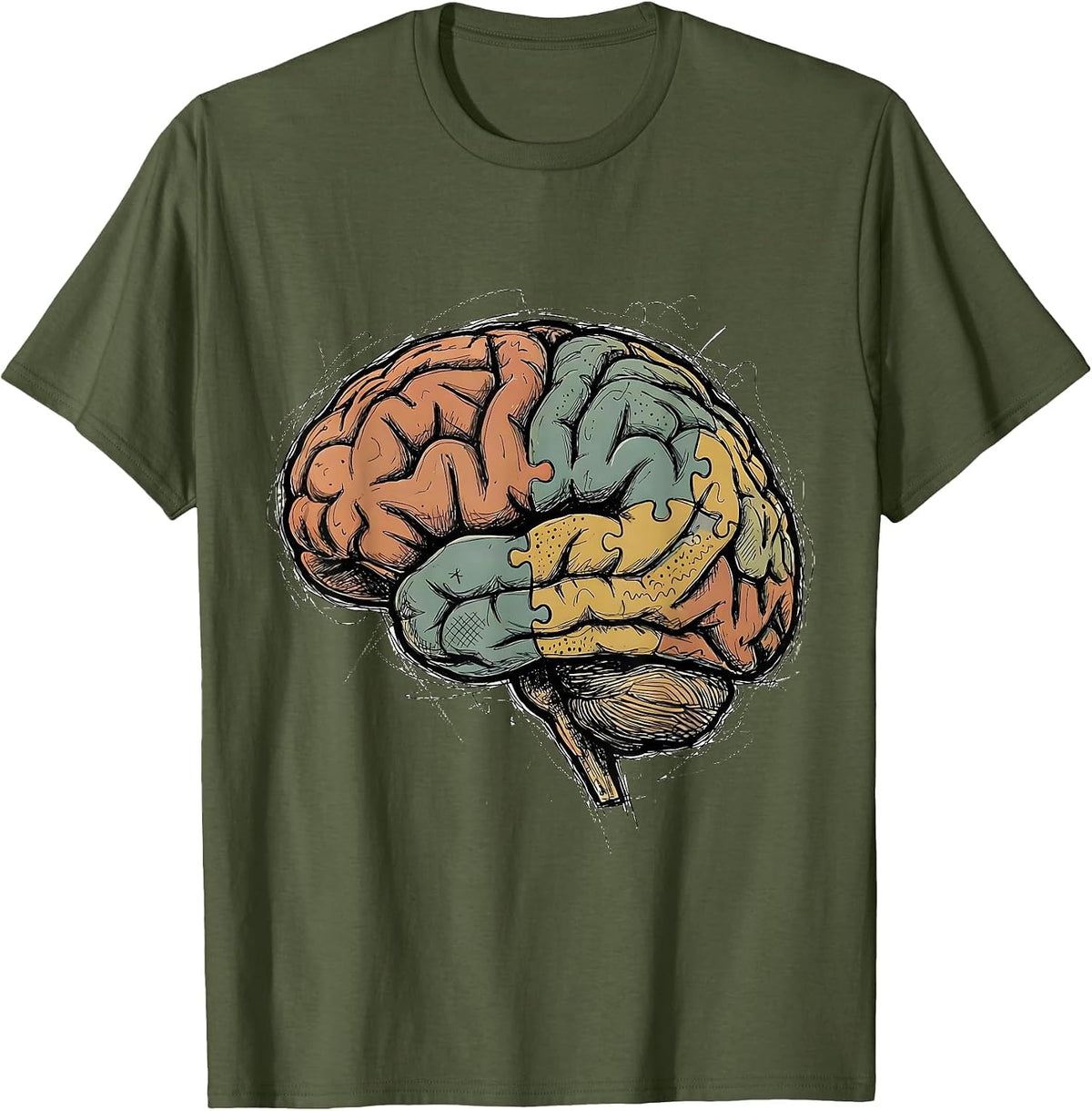 Colorful Puzzle Brain Special Education Art T-Shirt - Olive Green