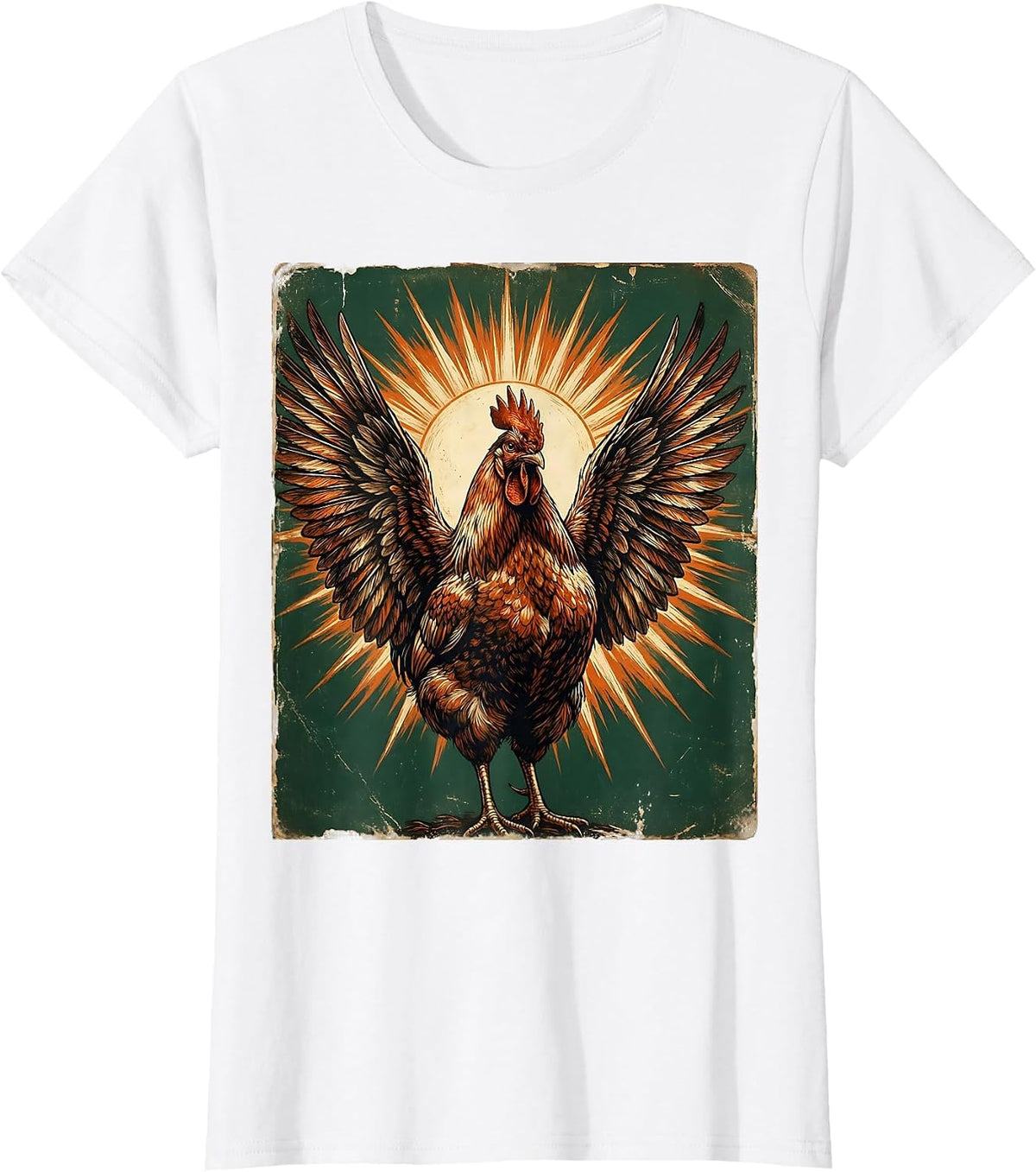 Hen Wings Spread Sun Chicken Art Design T-Shirt - White