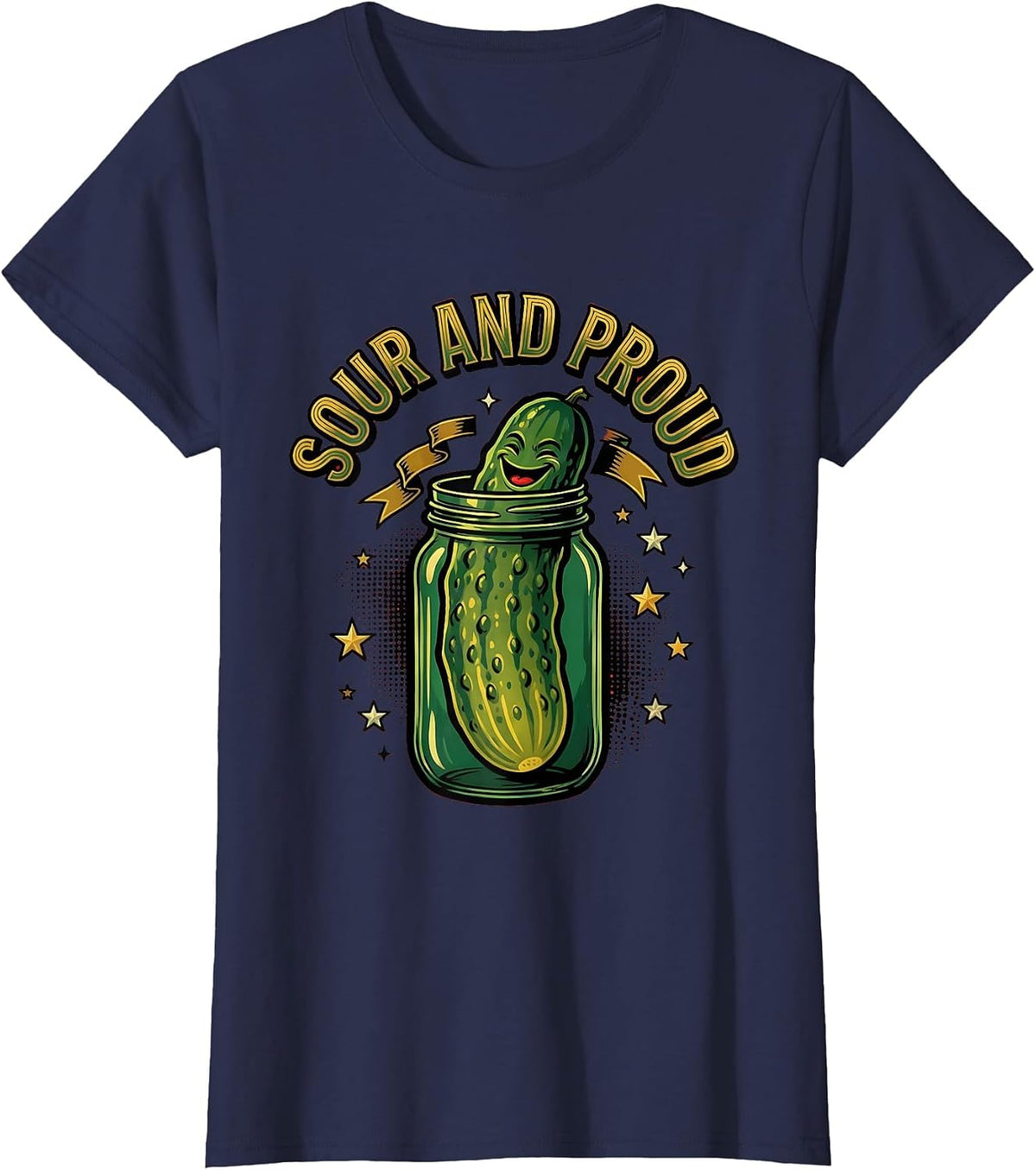 Women's Sour and Proud Funny Pickle Graphic Design T-Shirt - Navy Blue