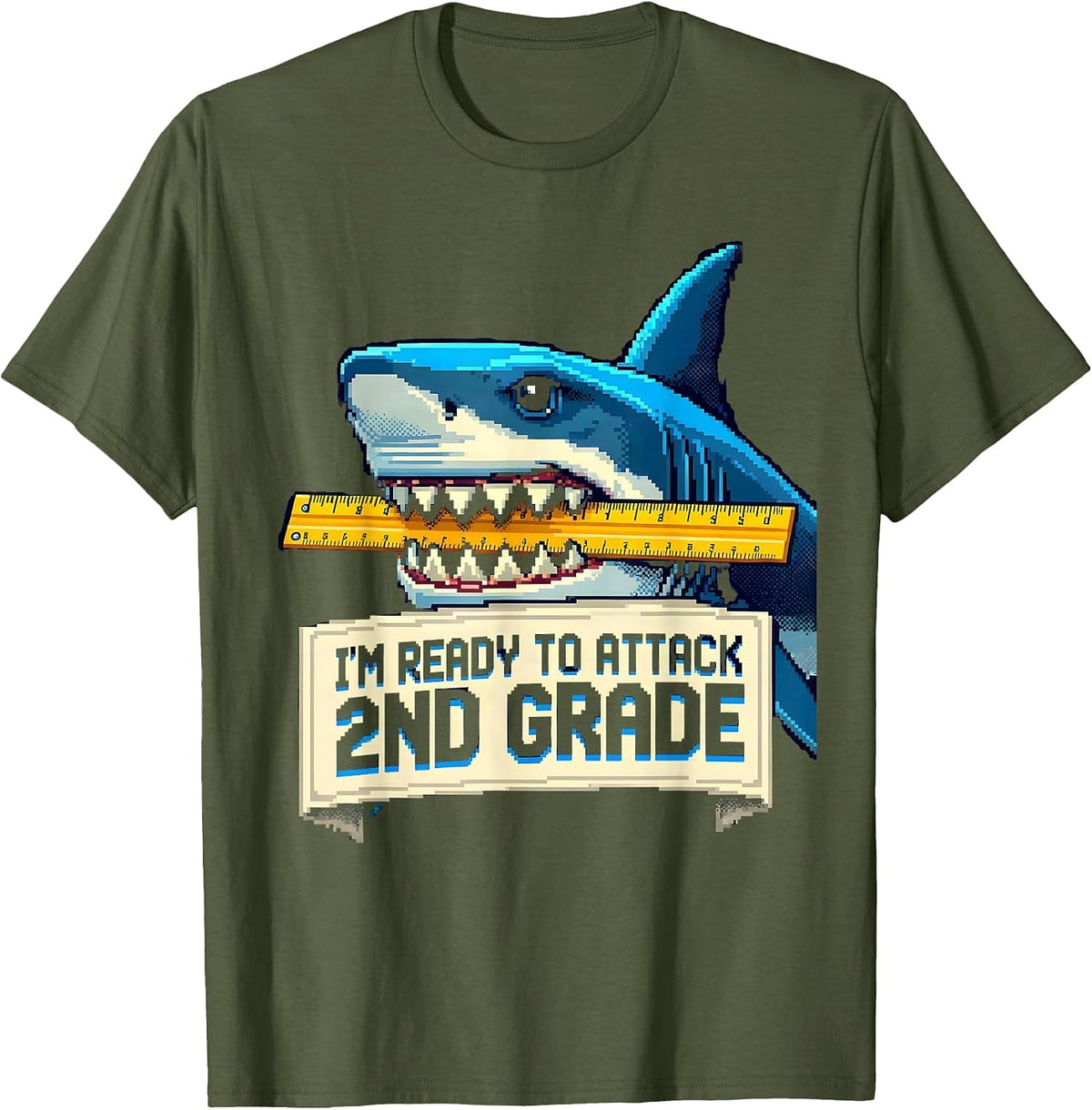 I'm Ready To Attack 2nd Grade Pixel Art Funny Shark Back T-Shirt - Olive Green