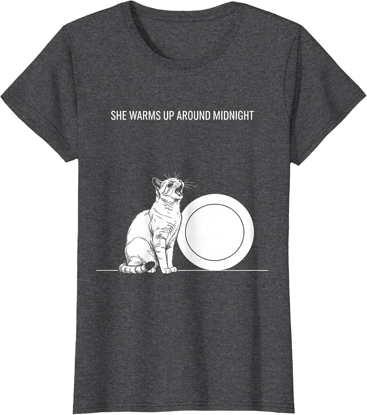 Women's She Warms Up Around Midnight Line Art Cat Howling at Moon T-Shirt - Dark Heather Grey