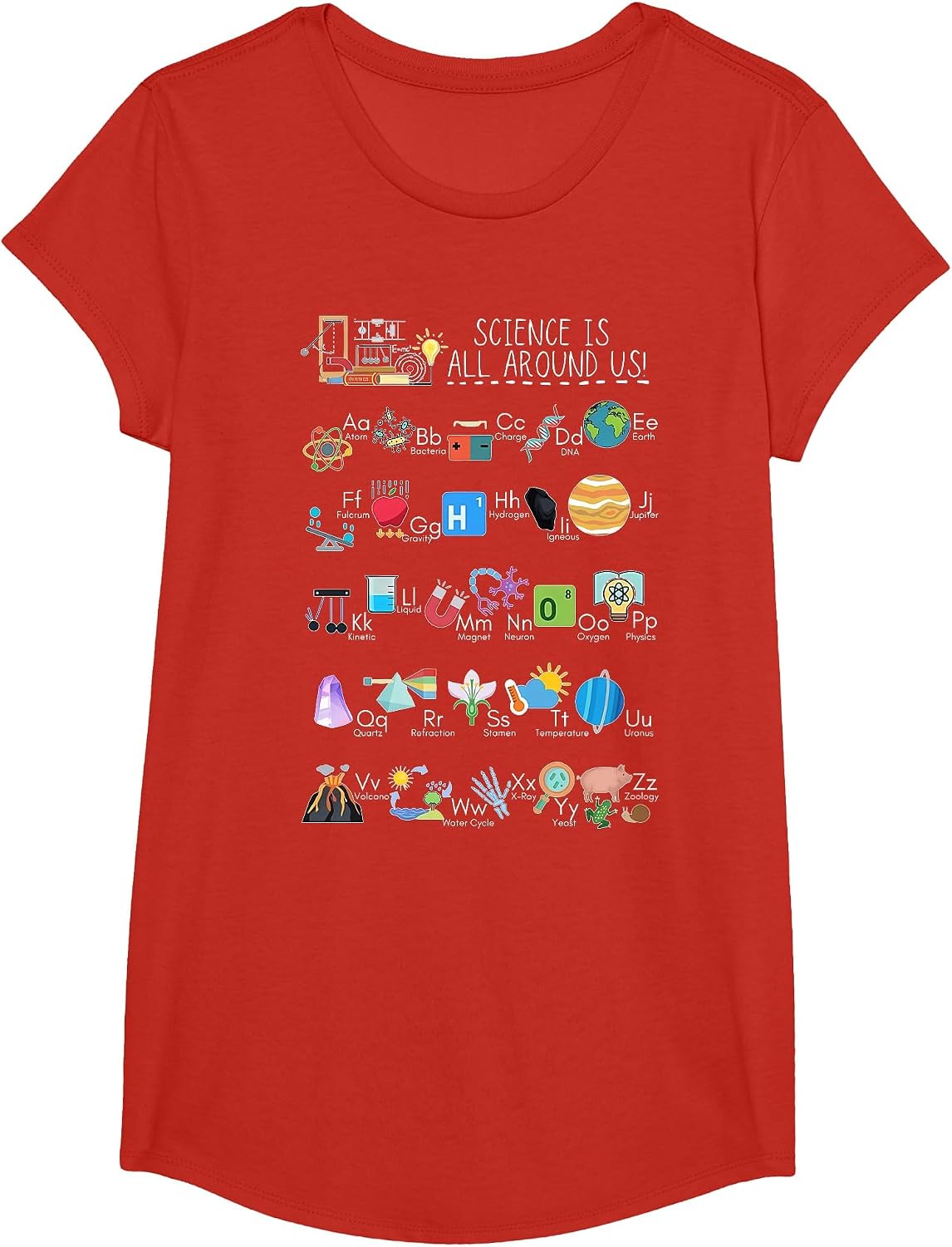 Science is All Around Us Teacher Science Alphabet ABC STEM T-Shirt - Girls Red
