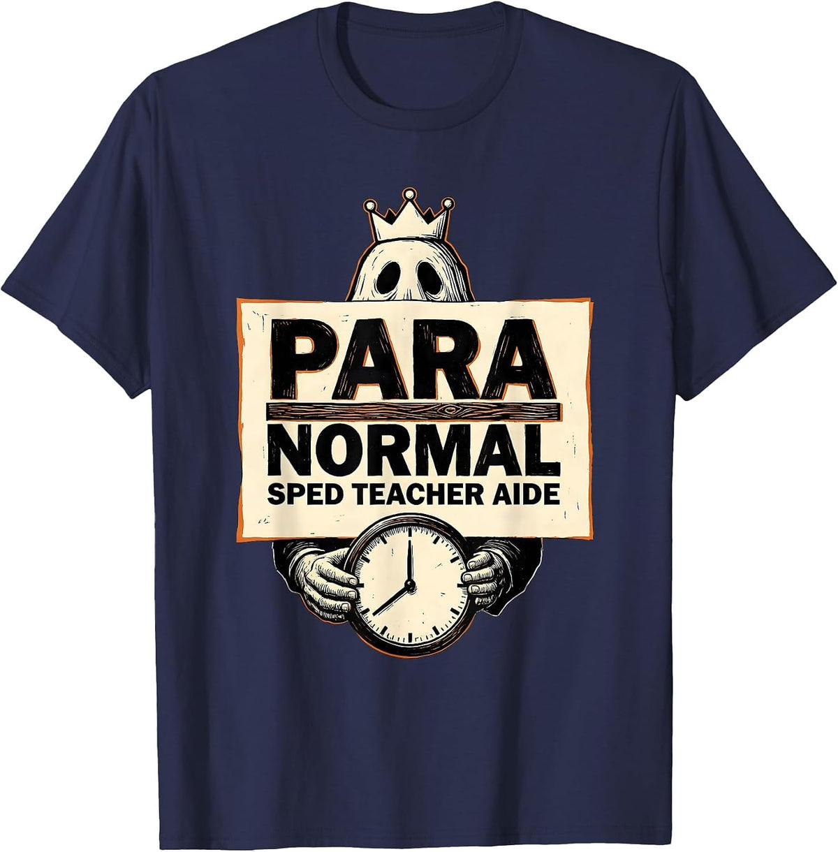 Para Normal SPED Teacher Aide Ghost Linocut Halloween T-Shirt - Navy Blue