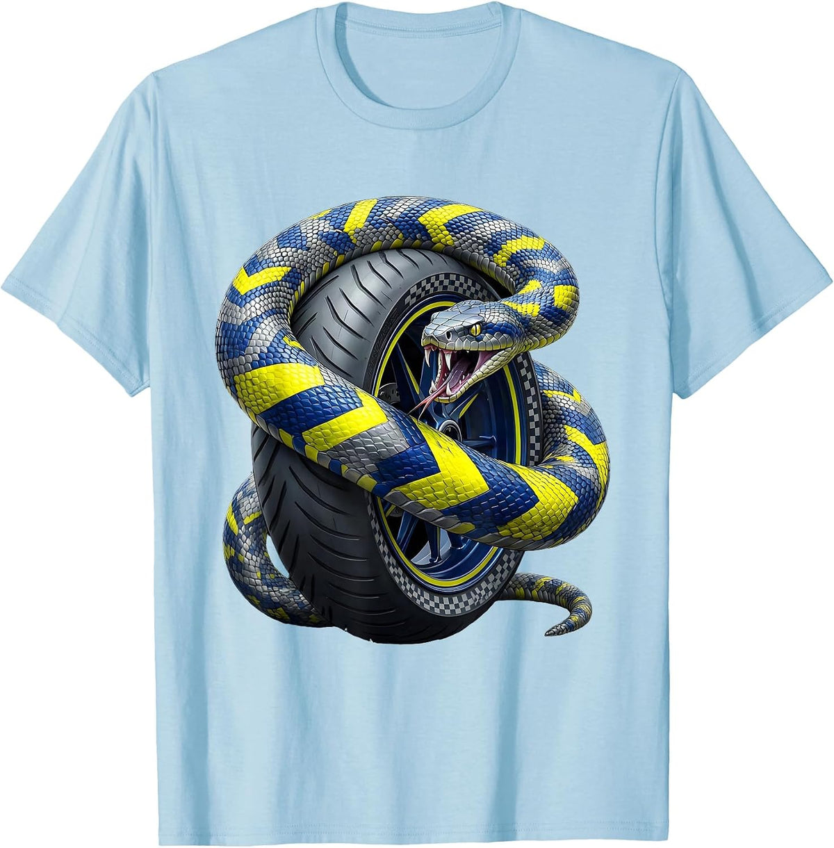 Men's Snake Coiled Around Spinning Tire Motorcycle Art T-Shirt - Baby Blue