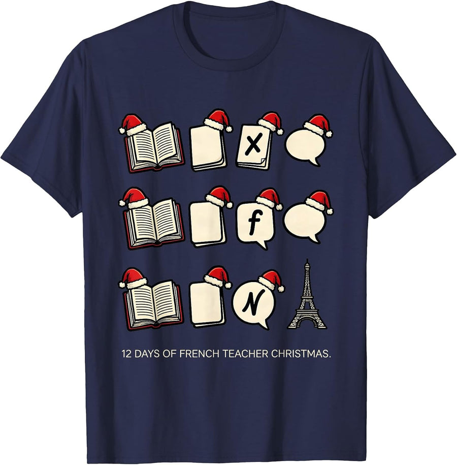 12 Days of French Teacher Christmas Cartoon Humor Gift T-Shirt - Navy Blue