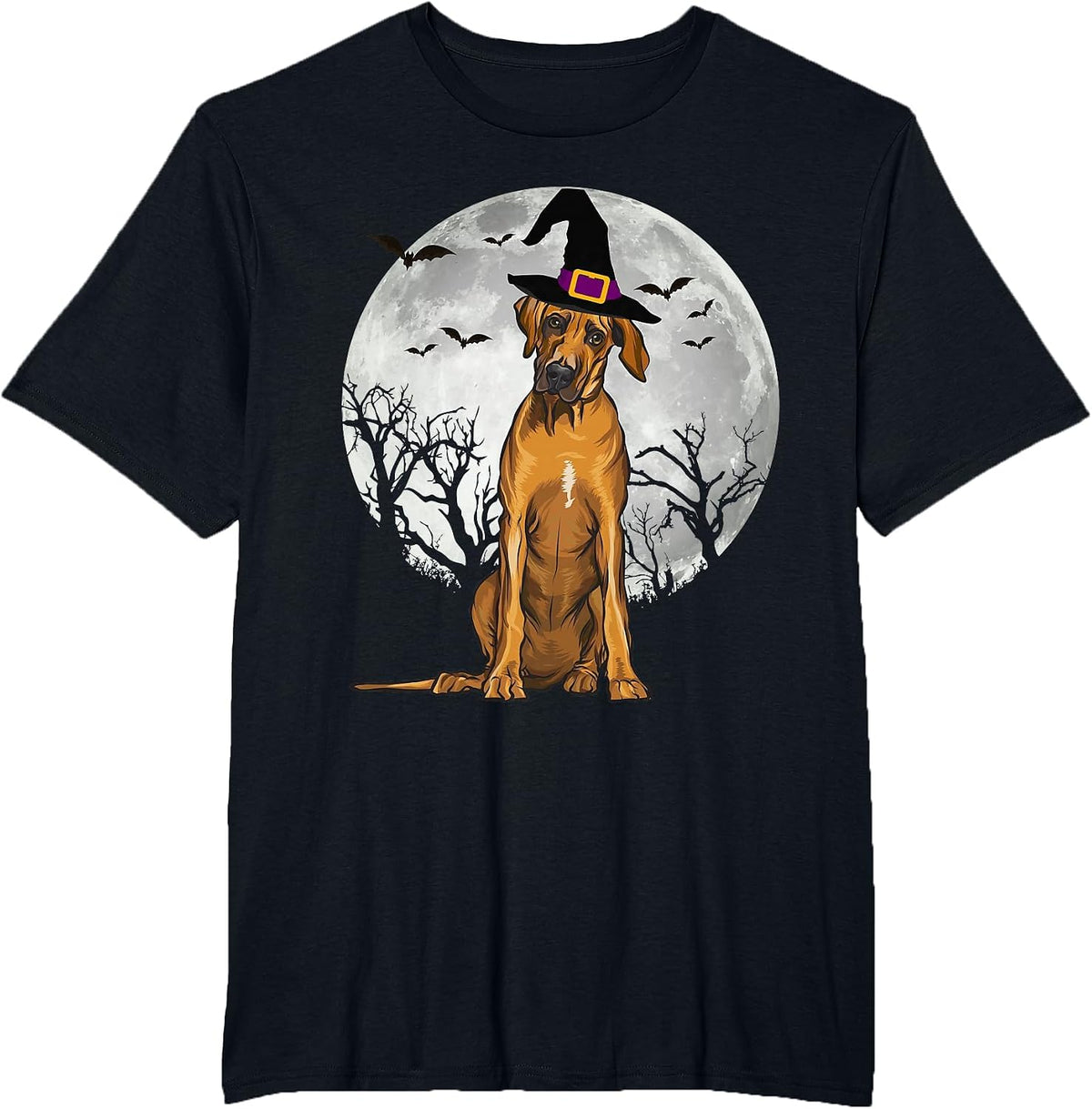Scary Rhodesian Ridgeback Dog Witch Hat Halloween T-Shirt - Black