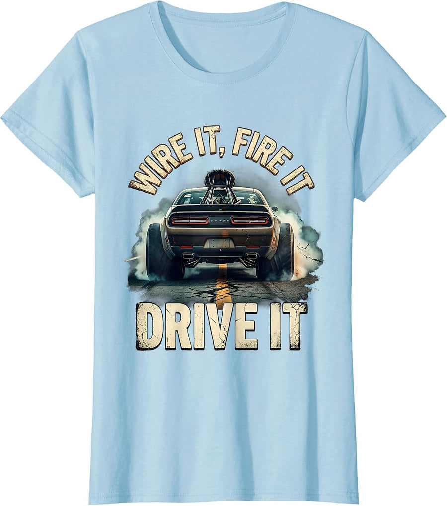 Women's Wire It, Fire It, Drive It Distressed Classic Muscle Car T-Shirt - Baby Blue