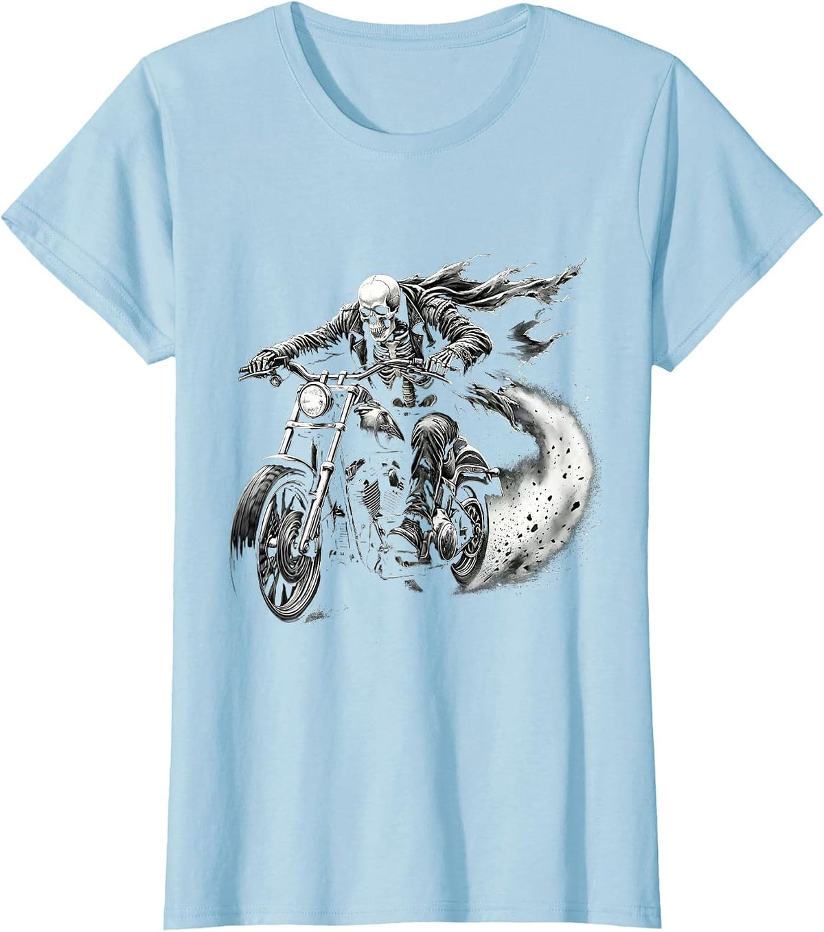 Skeleton Biker Full Speed Motorcycle Graphic T-Shirt - Baby Blue