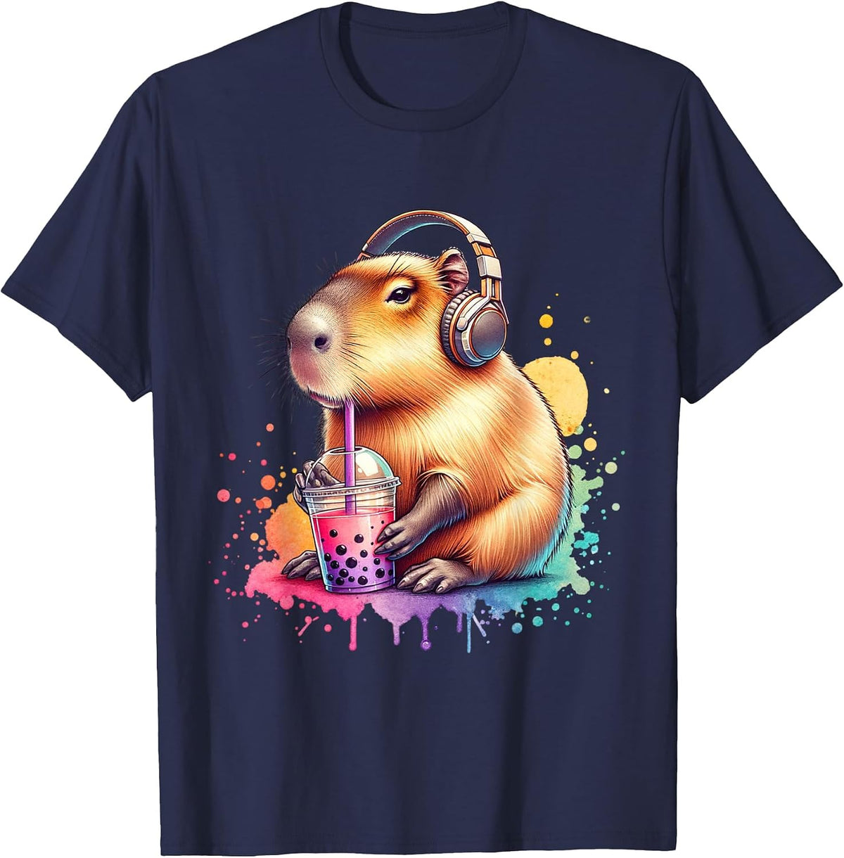 Funny Capybara Listening to Music and Drinking Boba. Boba T-Shirt - Navy Blue