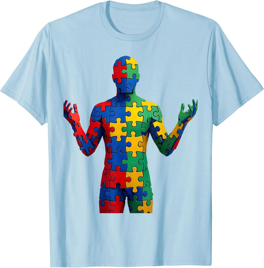 Men's Autism Awareness Colorful Puzzle Piece Silhouette T-Shirt - Baby Blue