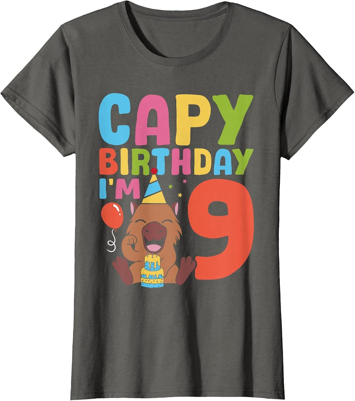 Capy Birthday I'm 9 Capybara 9th Birthday Decorations T-Shirt - Asphalt Grey