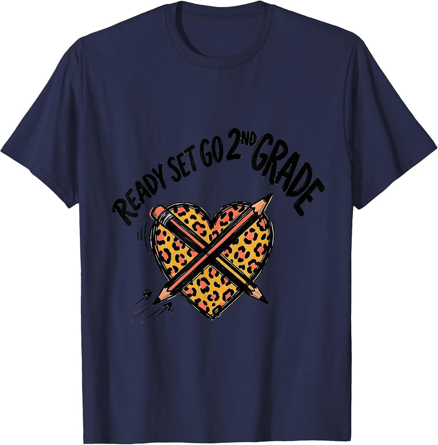 Ready Set Go 2nd Grade Leopard Heart Back To School Girl T-Shirt - Navy Blue