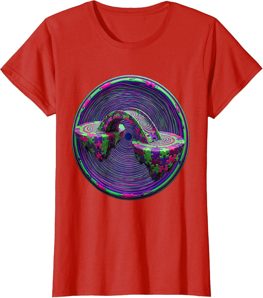 Women's Autism Awareness Puzzle Piece Bridge Graphic T-Shirt - Red