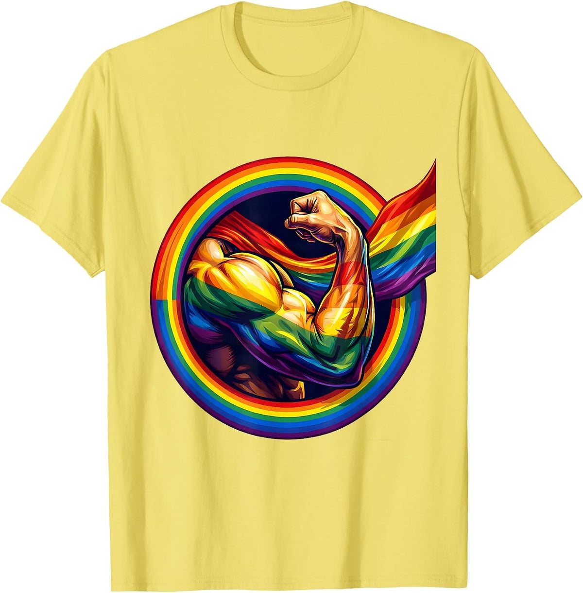 Men's Pride Flex Muscular Arm Rainbow Flag Graphic T-Shirt - Lemon Yellow