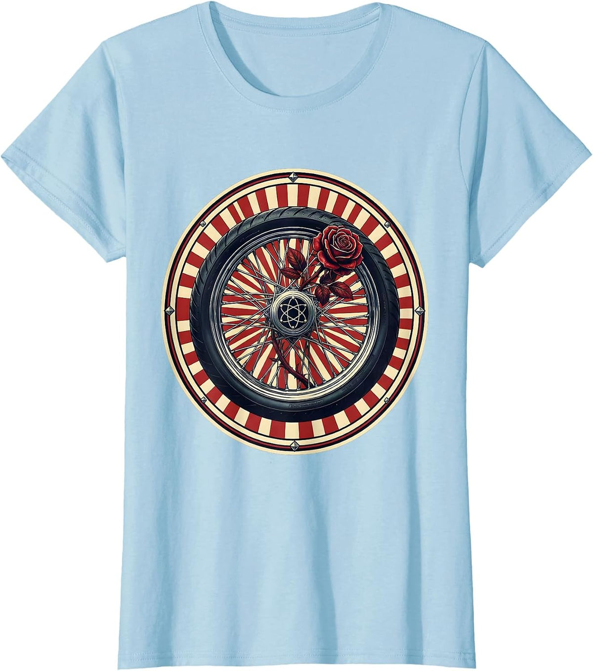 Motorcycle Wheel Rose Spokes Graphic Design T-Shirt - Baby Blue