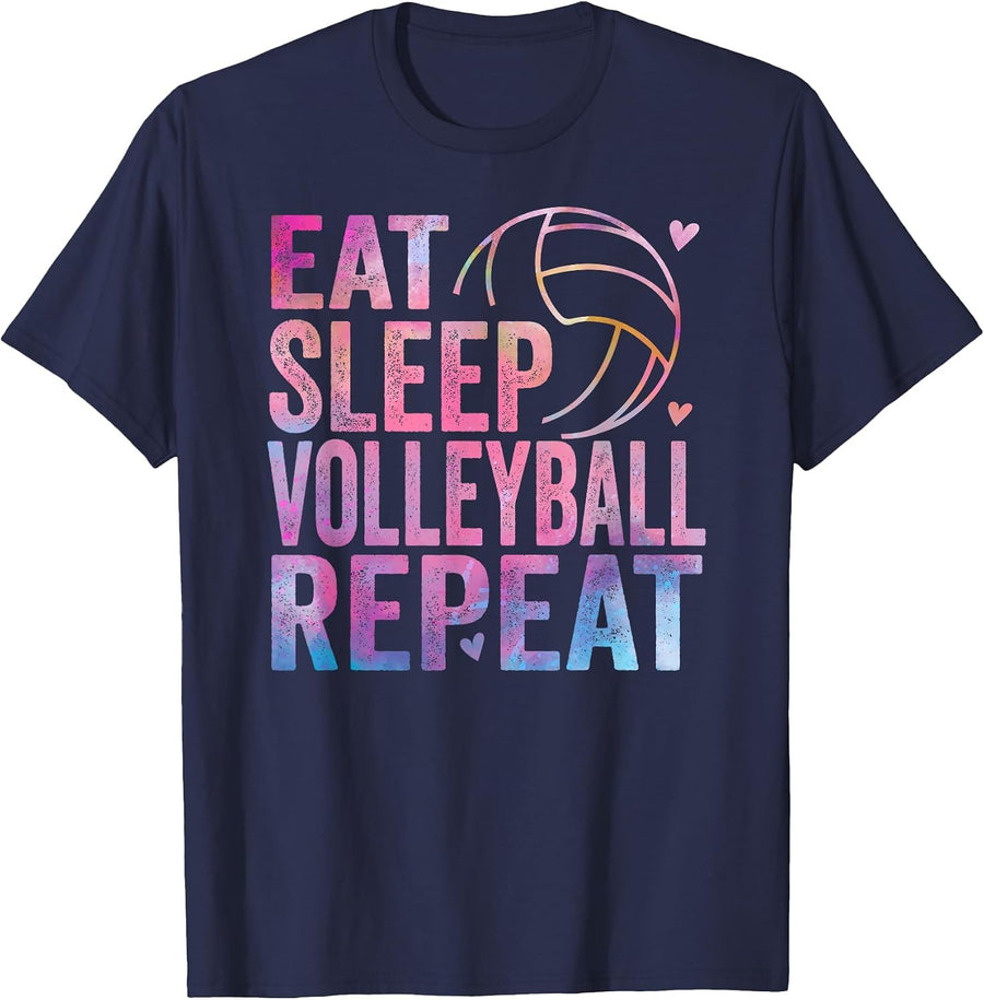 Eat Sleep Volleyball Repeat Colourful Teenager Girls Women Children T-Shirt - Navy Blue