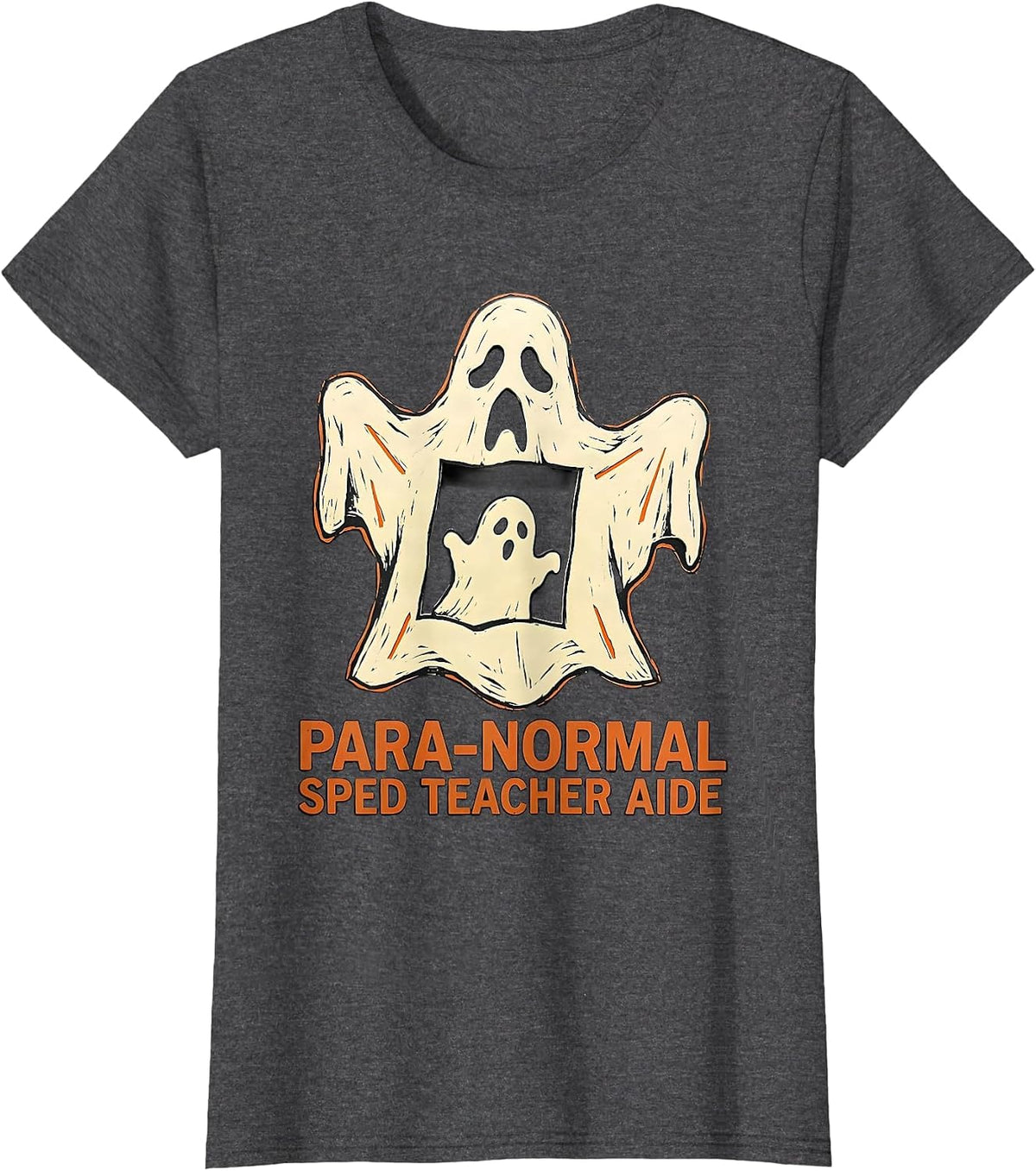Women's Para-Normal SPED Teacher Aide Ghost Linocut Halloween T-Shirt - Dark Heather Grey