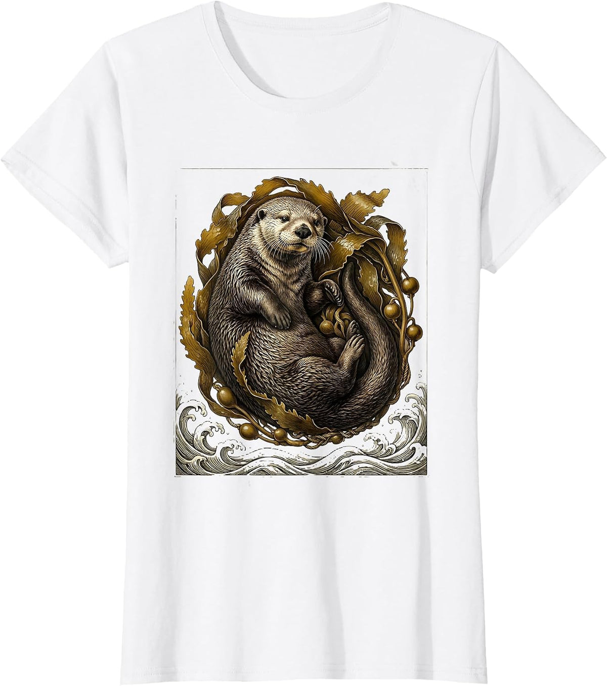 Sea Otter Wrapped in Kelp Ocean Waves Illustration T-Shirt - White